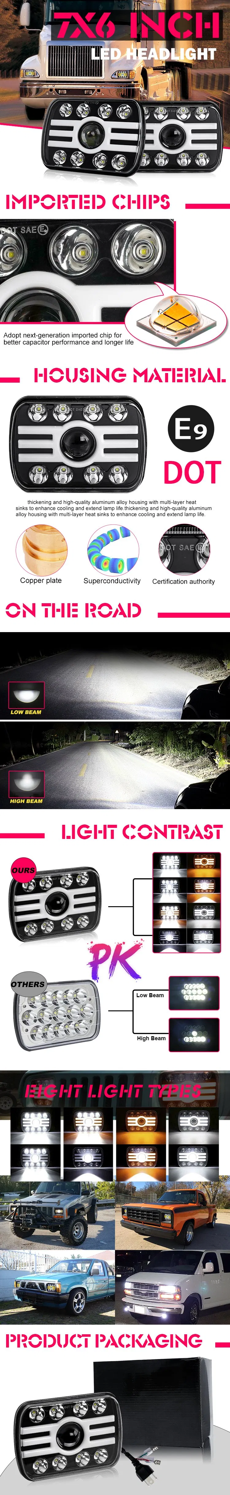 2020 Newest High Power White Amber Dual Color Angel Eye 12V 24V DRL H6014 H6052 H6054 6054 H5054 69822 6052 6053 Square 7X6 5X7 LED Headlight for Cherokee