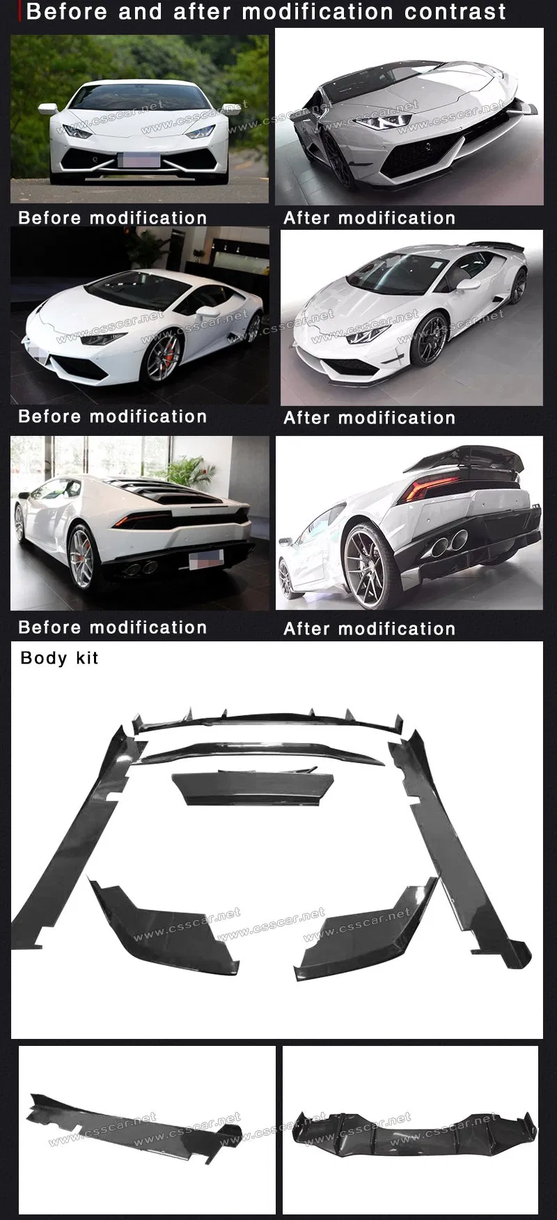 3K Plain Weave Carbon Fiber DNC Style Front Wrap Angle Rear Lip Body Kit for Lamborghini Huracan Bodykit