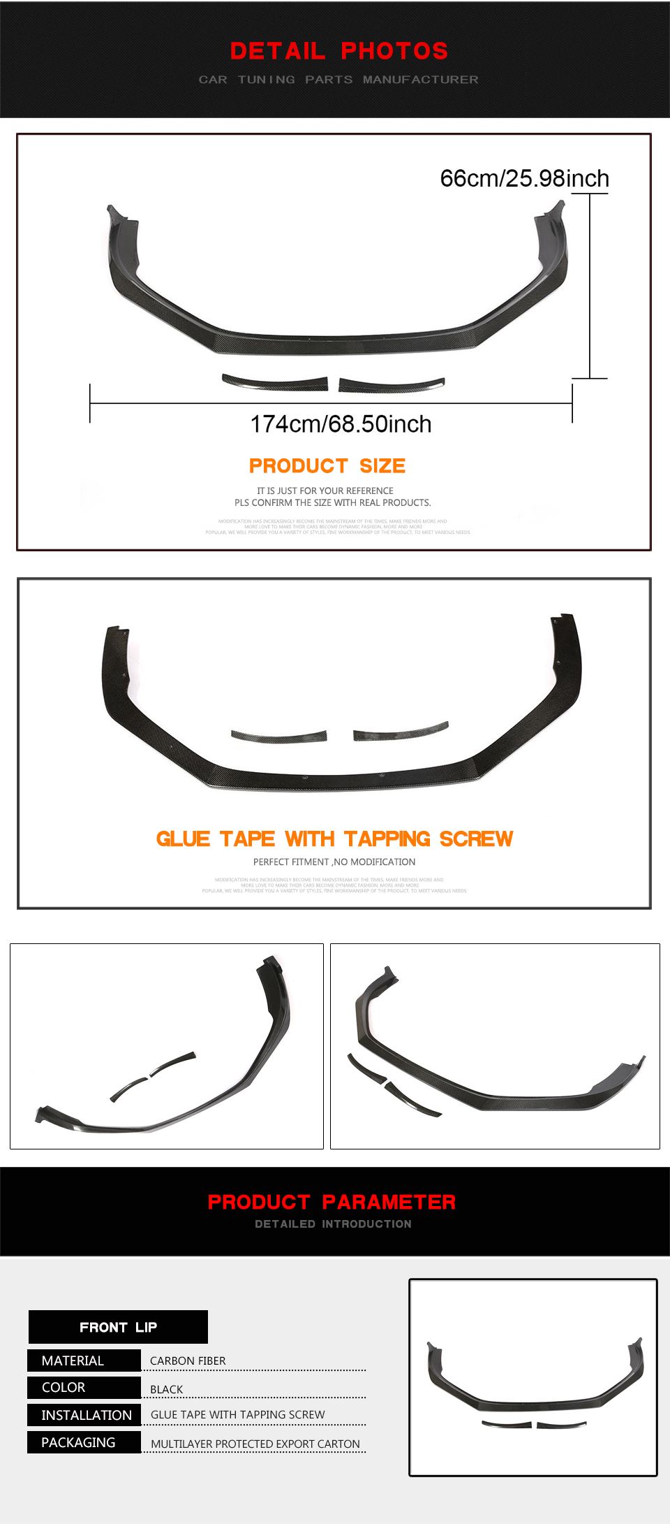 3PCS/Set Carbon Fiber Front Lip for Porsche 718 Boxster Cayman 2016-2018