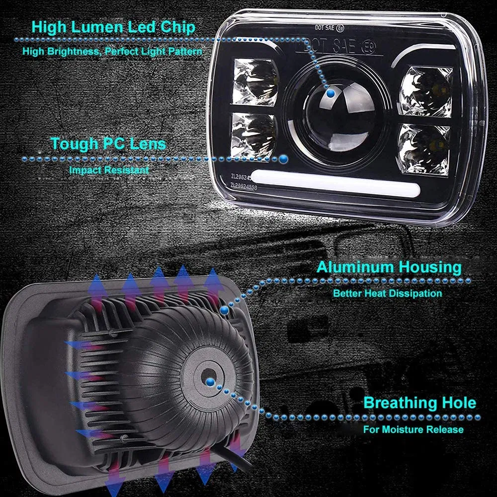 5X7 LED Headlights H5054 H6054ll 69822 6052 2p 5X7 Inch High Low LED Headlight Approved with Halo DRL Solve Astigmatism Problem for Truck Jeep