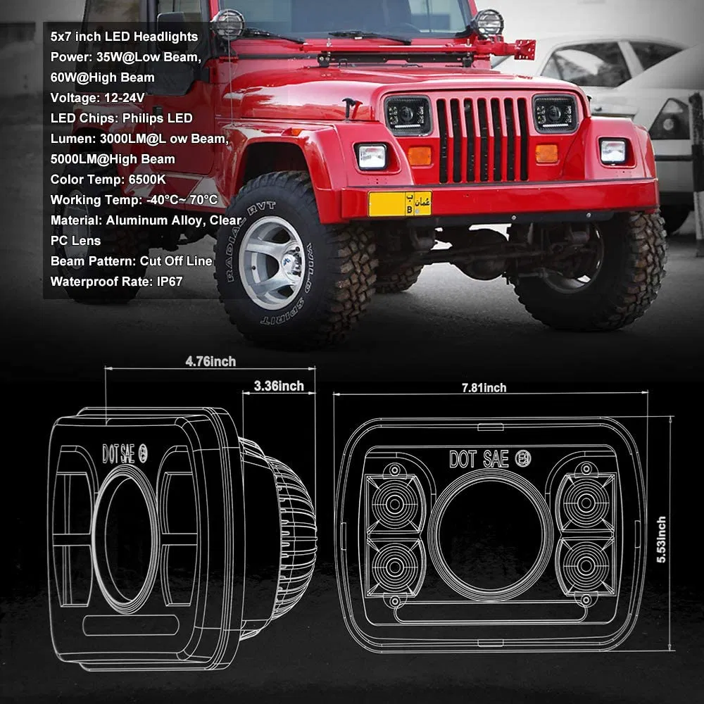 5X7 LED Headlights H5054 H6054ll 69822 6052 2p 5X7 Inch High Low LED Headlight Approved with Halo DRL Solve Astigmatism Problem for Truck Jeep