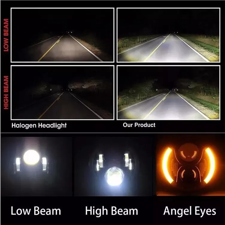 7" Round Headlamp Halos with Angel Eyes High Low Beam DRL Amber Turning Signal 7 Inch LED Headlight for Jeep Wrangler Jk Cj LED Car Light