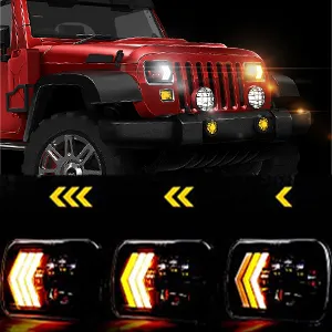 7X6 LED Headlights Square 5X7 Inch Headlights 55W Halo with White&Amber Arrow DRL & Red Atmosphere Lights Sequential Turn Signals Lights for Trucks H5054 69822