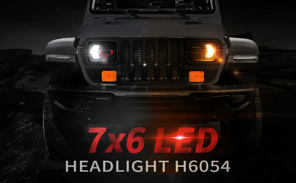 7X6 LED Headlights Square 5X7 Inch Headlights 55W Halo with White&Amber Arrow DRL & Red Atmosphere Lights Sequential Turn Signals Lights for Trucks H5054 69822