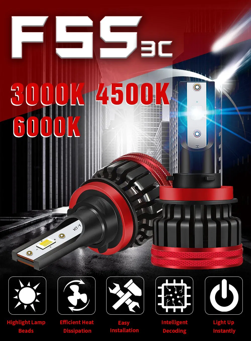 80W 8000lm LED H4 Tri Color 3000K 4300K 6000K LED Headlight