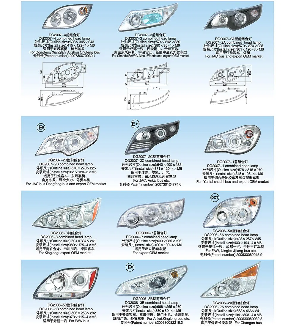 Car Lamp Lights Dg2007-2c Combined Head Lamp for JAC, Ankai Bus etc.