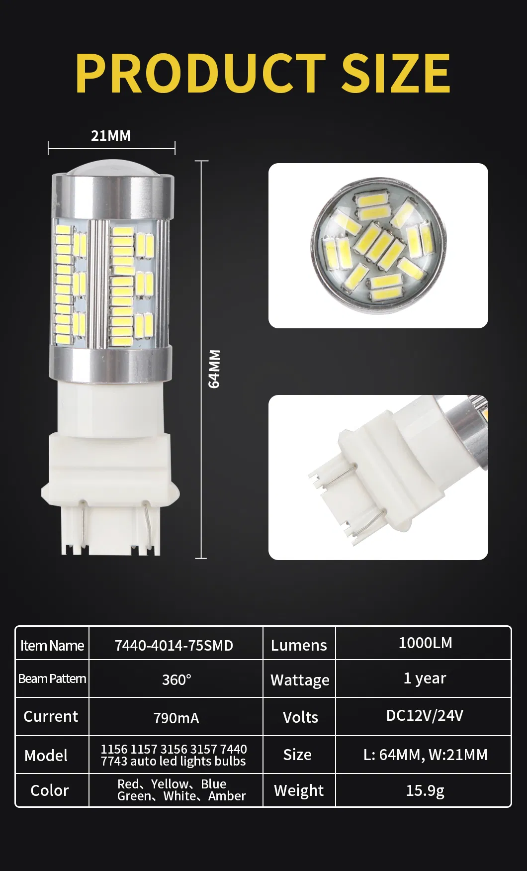 Car LED Park Light Bulb Width Interior Canbus Lamp 7440 7443 75SMD 4014 Auto LED Wedge Bulb