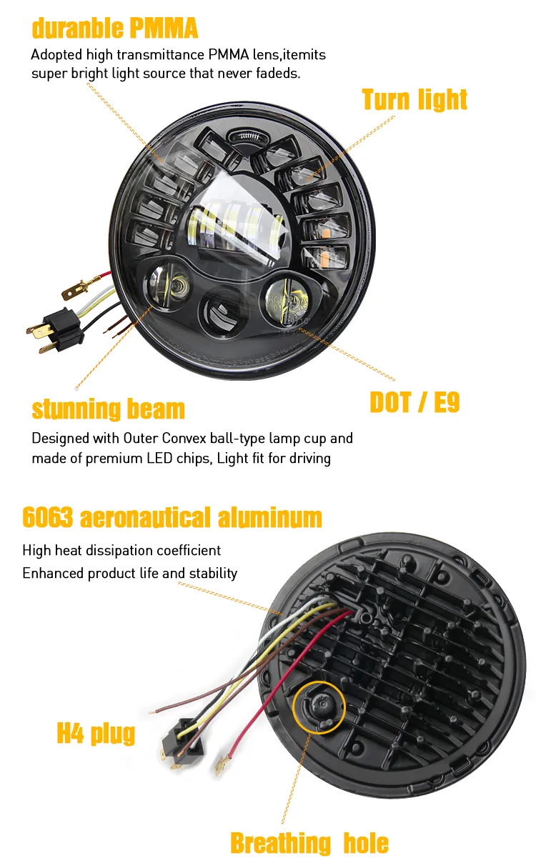 Car Motorcycle 7inch LED Headlight Harley Dual Color Amber Jeep Wrangler 7" LED Headlight Headlamp