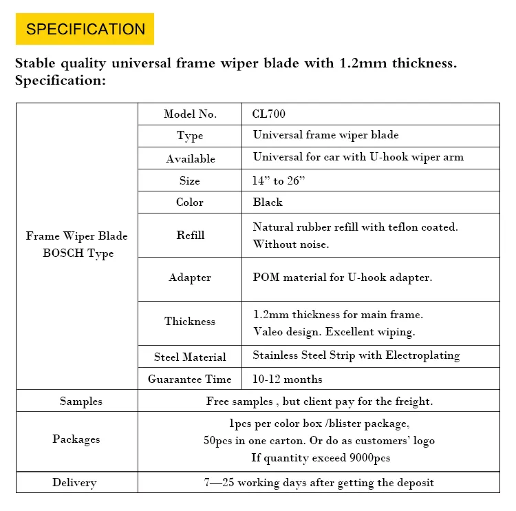 Clwiper New Design Auto Part Metal Frame Wiper with 1.2mm Thickness (CL700)