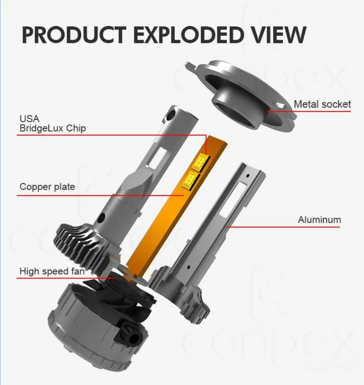 Conpex Automotive Lighting System H3 H4 H7 Csp Chip Temperature Control System with Fancooler V43 Car LED Headlight