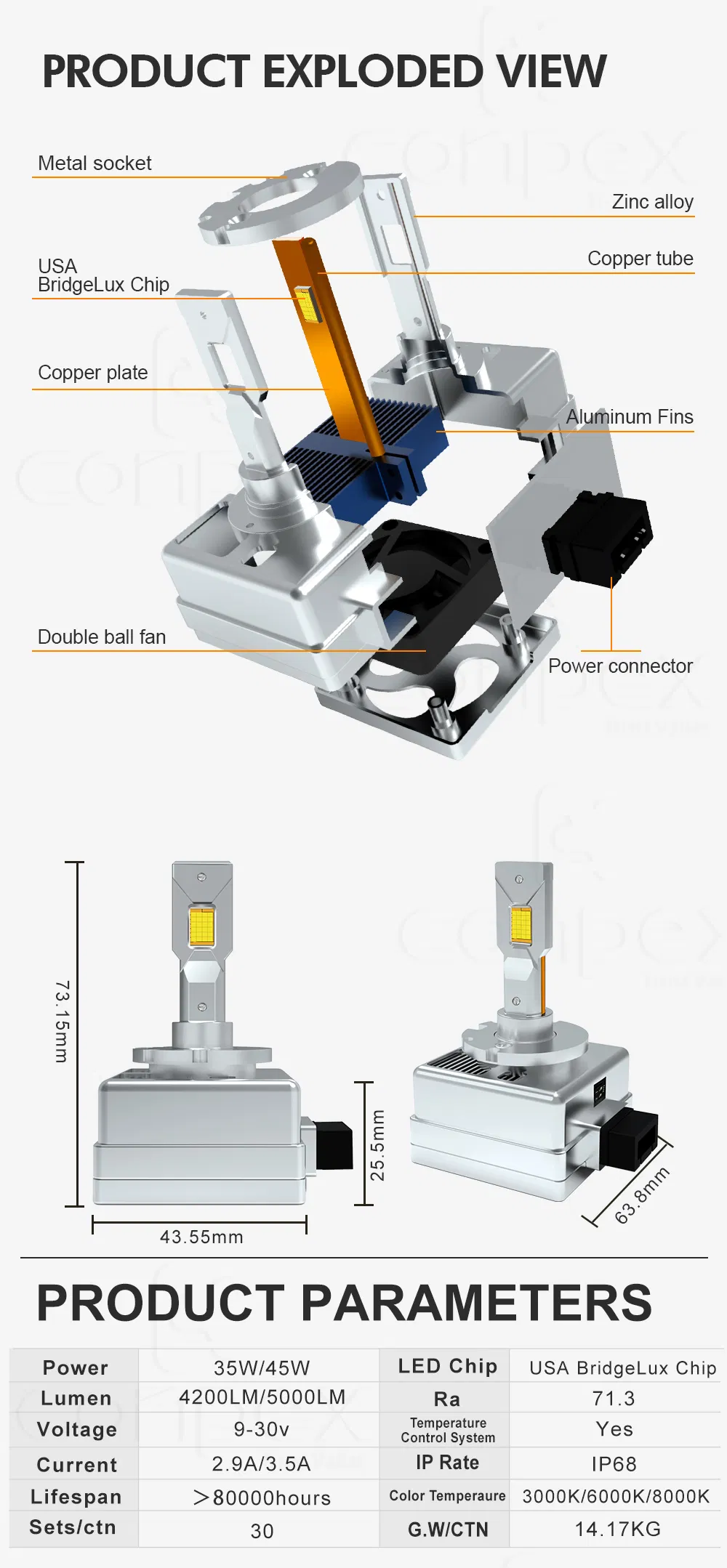 Conpex D1s Auto Lighting System Car LED Headlamps with Decoder 35W 45W 55W 85W 100% Canbus Car LED Headlights