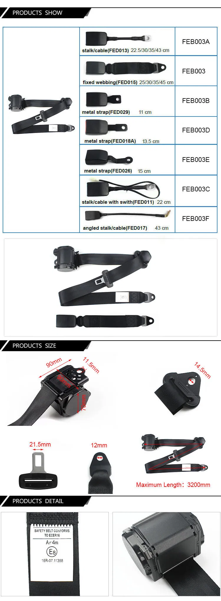 Feb003 Car Safety Seat Belt Automatic Retractor Auto Car 3 Point Safety Belt Seatbelt