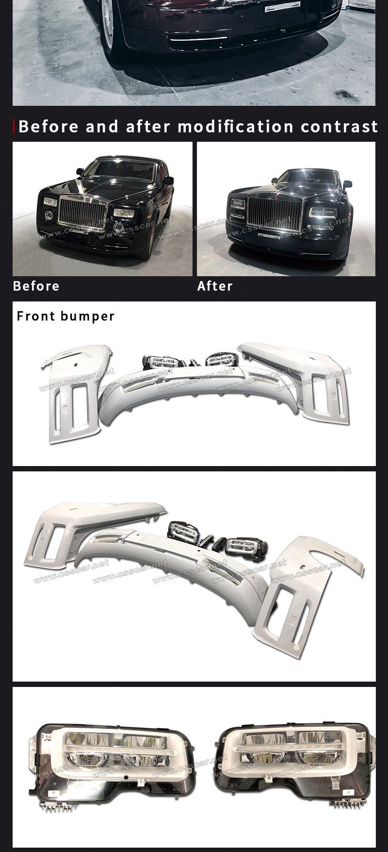 Latest New Model Fiberglass Car Body Kit for Rolls-Royce Phantom Front Bumper Bulk LED Headlight