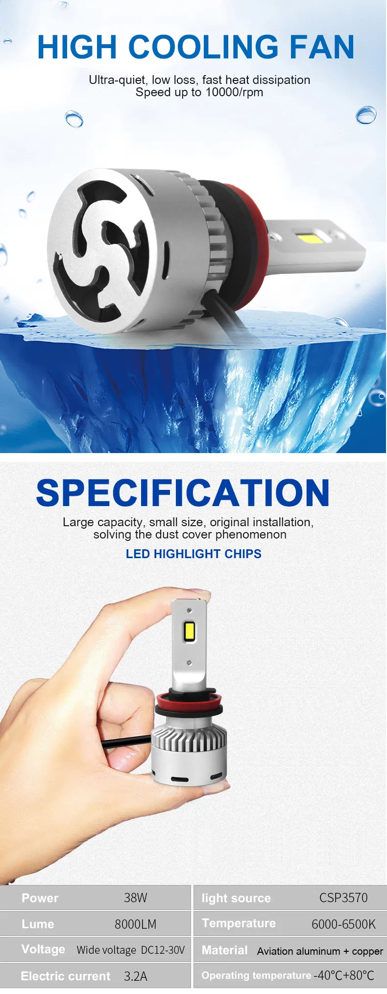 Lmusonu Fan Cooling L6 Car LED Headlight H7 LED Fog Light High Lower Beam High Power Lumens Csp3570 40W 8000lm 6500K Auto Lamp