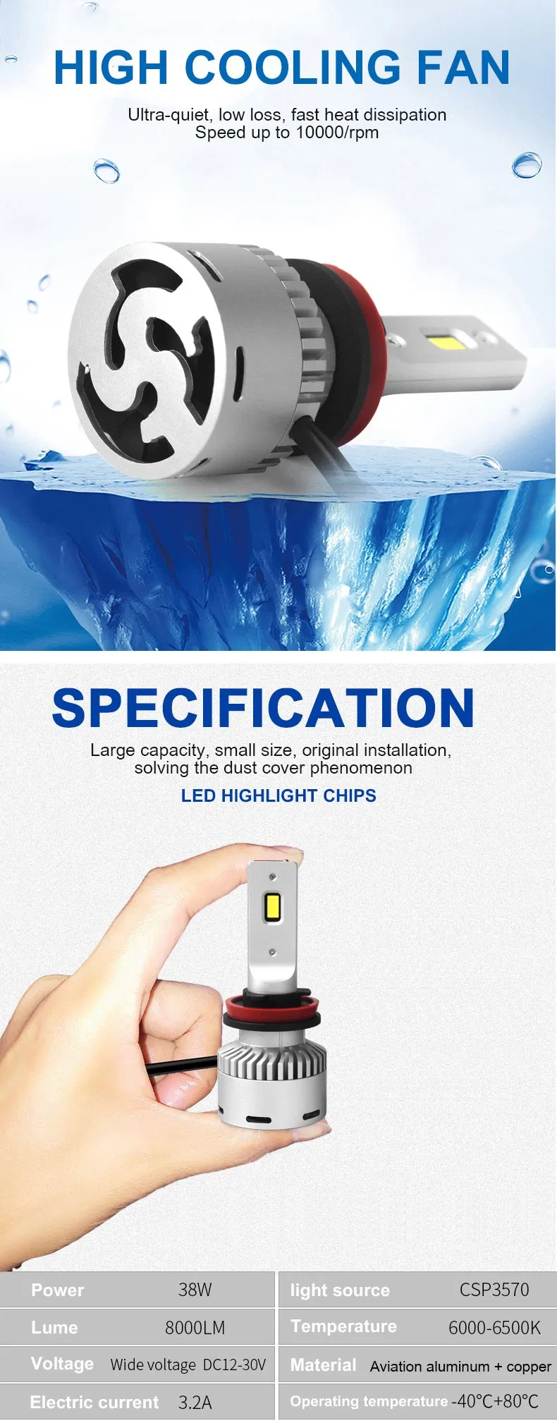 Lmusonu Fan Cooling L6 Car LED Headlight H7 LED Fog Light High Lower Beam High Power Lumens Csp3570 40W 8000lm 6500K Auto Lamp