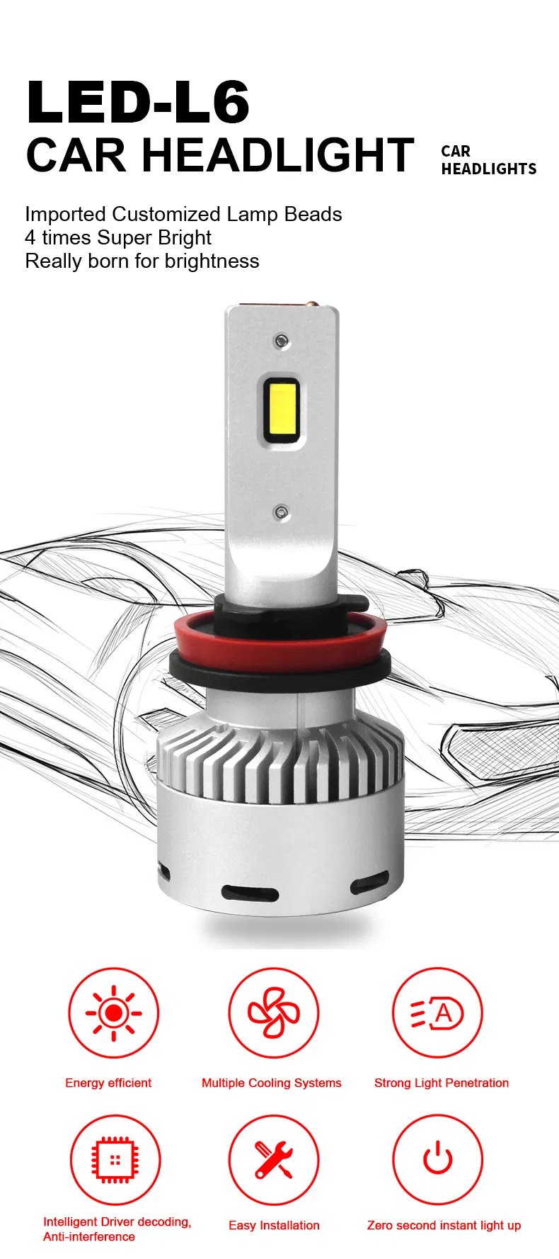 Lmusonu Fan Cooling L6 Car LED Headlight H7 LED Fog Light High Lower Beam High Power Lumens Csp3570 40W 8000lm 6500K Auto Lamp