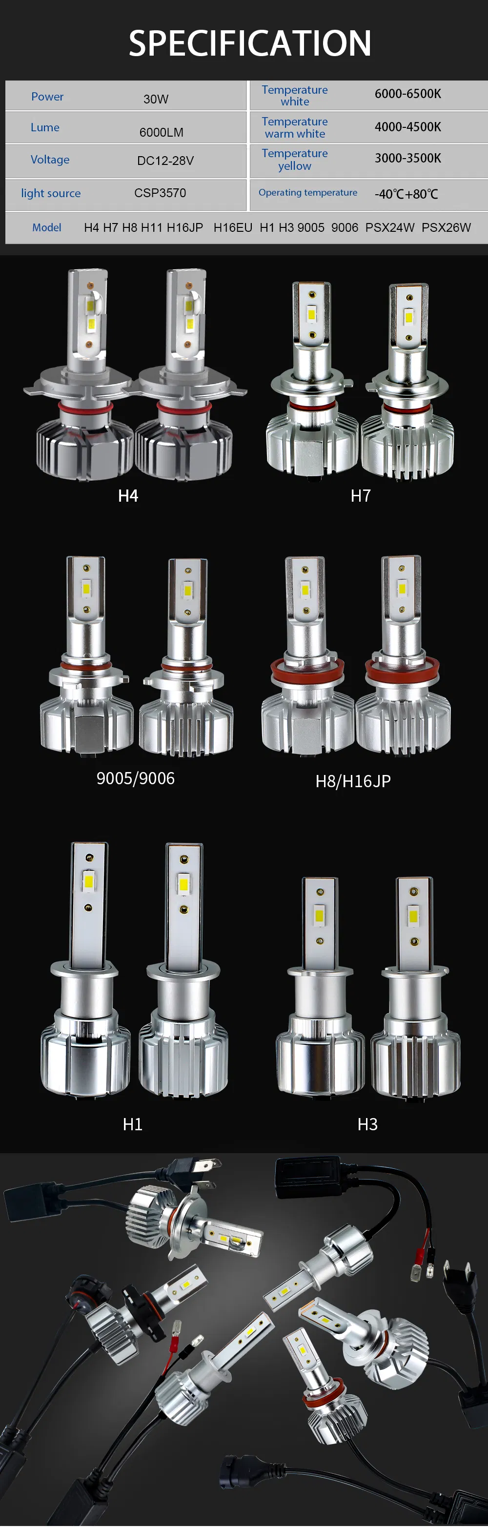 Lmusonu Waterproof Fanless N5 LED Car Headlights 12V 30W 6000lm Csp3570 Auto Light 9005 9006 LED Fog Light Silence Quiet Cooling White 6000K Golden Yellow 3000K