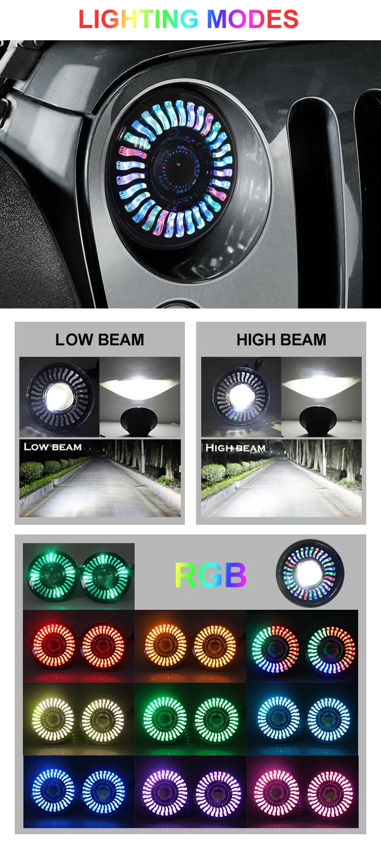 New High Power Phone APP Remote Control 12V RGB 7 Inch Round LED Motorcycle Headlight