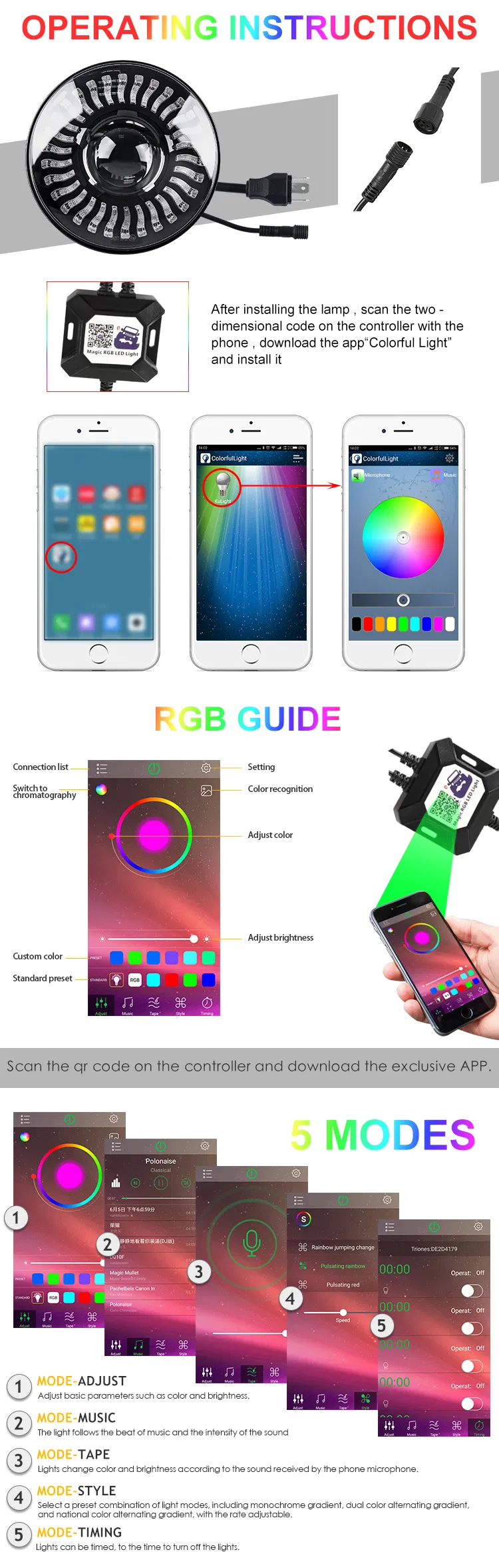 New High Power Phone APP Remote Control 12V RGB 7 Inch Round LED Motorcycle Headlight