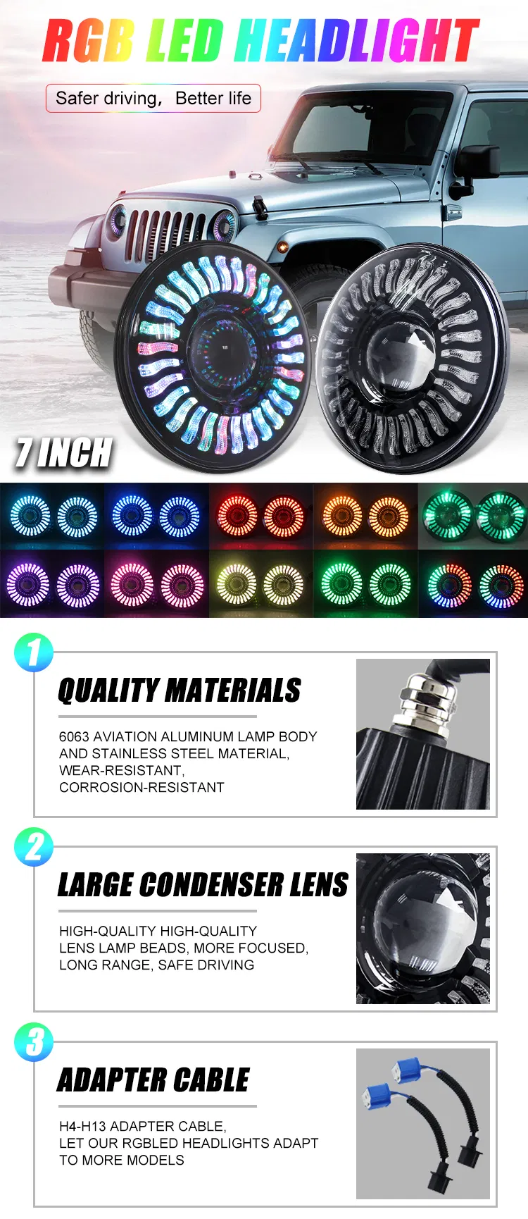 New High Power Phone APP Remote Control 12V RGB 7 Inch Round LED Motorcycle Headlight