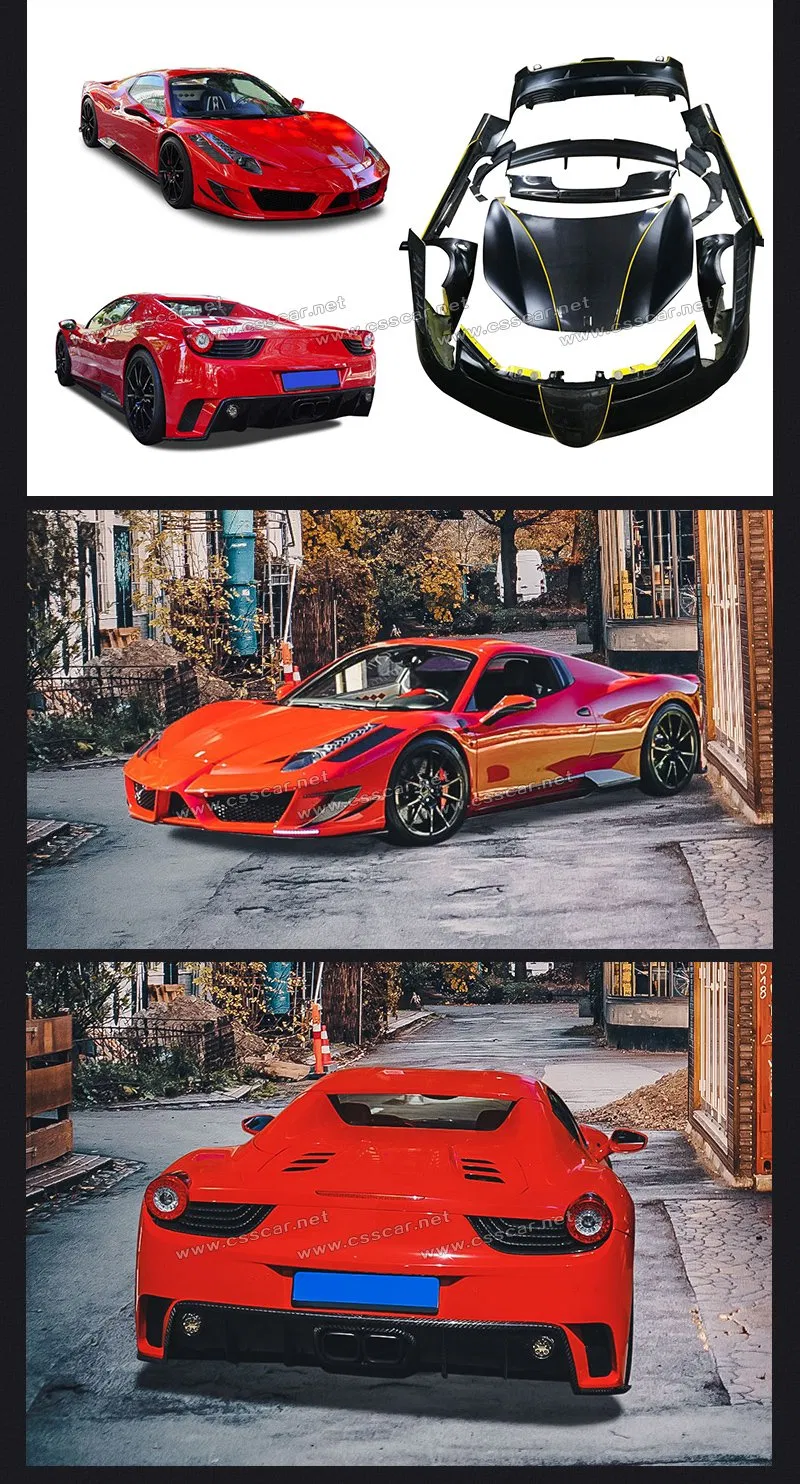 Newest Msy Style Fiberglass Body Kit for Ferrari 458 Front Bumper Engine Hood Rear Bumper Side Skirt Bodykit