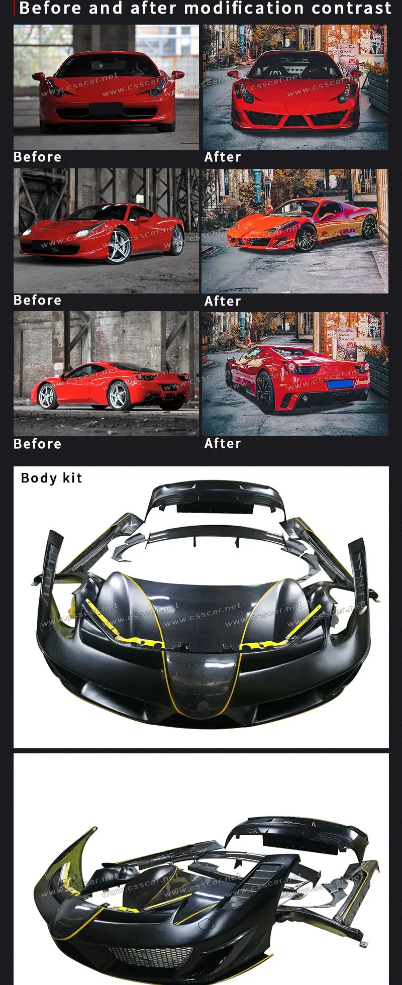 Newest Msy Style Fiberglass Body Kit for Ferrari 458 Front Bumper Engine Hood Rear Bumper Side Skirt Bodykit