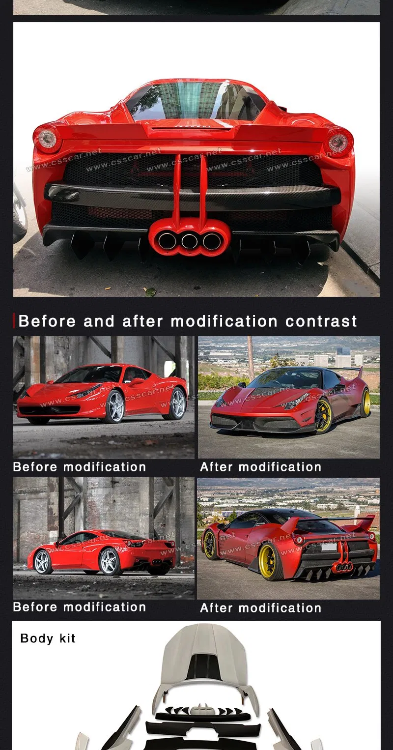 Real Carbon Fiber Ms Style Body Kit for Ferrari 458 Front Bumper Hood Side Skirts Auto Body Part