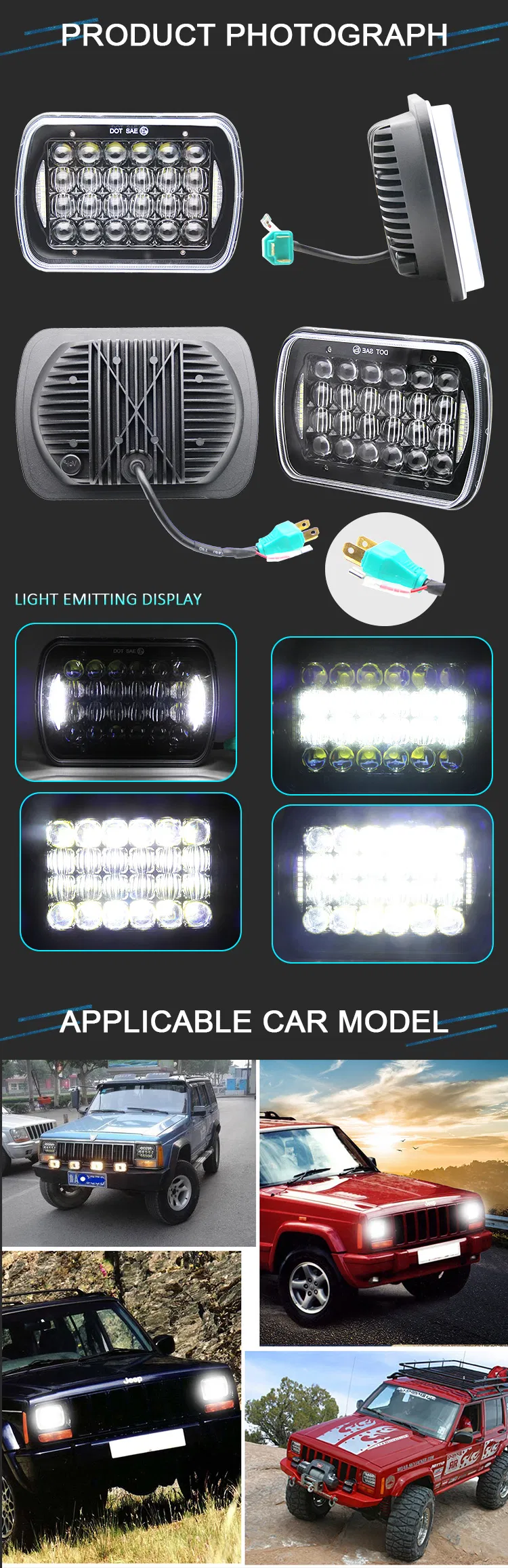 Square 12 Volt 48 Watt Watreproof IP68 H6014 H6052 H6054 6054 H5054 H6054ll 69822 6052 6053 7X6 5X7 DRL Jeep Truck LED Headlight