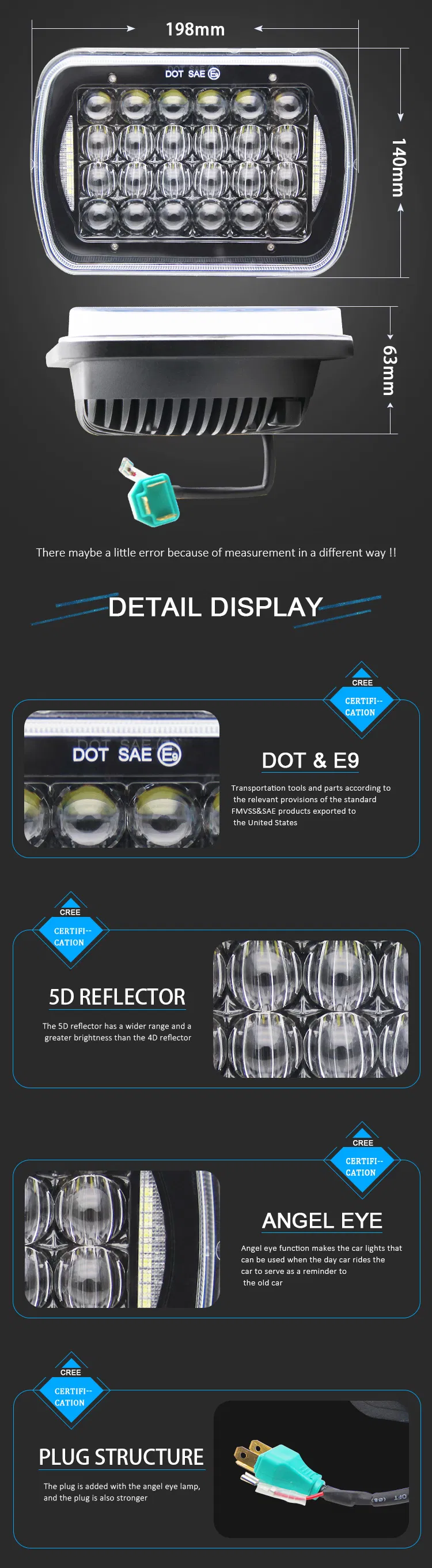 Square 12 Volt 48 Watt Watreproof IP68 H6014 H6052 H6054 6054 H5054 H6054ll 69822 6052 6053 7X6 5X7 DRL Jeep Truck LED Headlight
