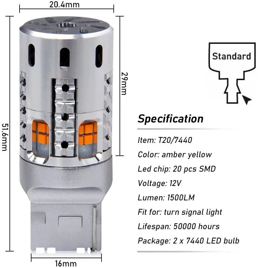 T20 7441 Wy21W W21W 12V 360 Luminous 20 LED 2PC Pack LED Bulb