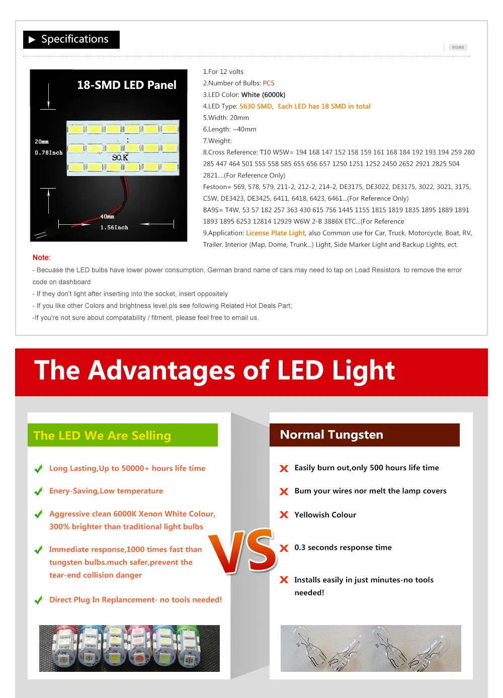 White 5630 SMD 18 LED Dome Light Panel Interior Bulb Festoon T10 Ba9s DC 12V