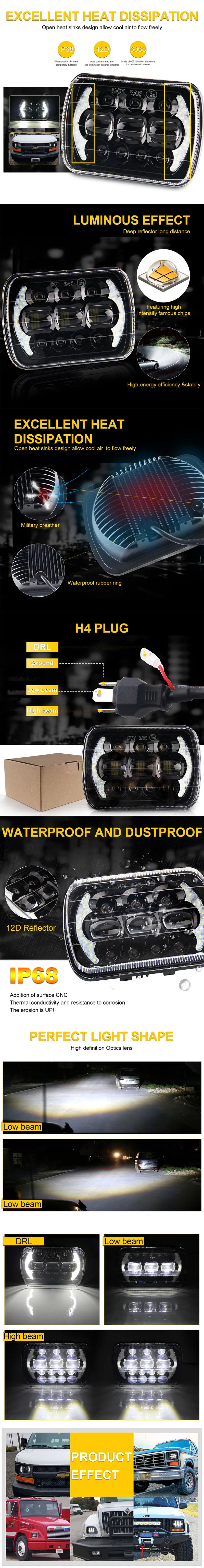 Wholesale Price IP68 High Power Truck High Low Beam 24V off Road DRL Turning Light H6014 H6052 H6054 6054 H5054 Retangular 5X7 Inch 12V LED Headlight